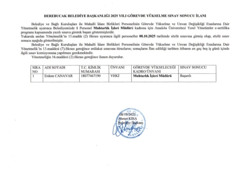 DEREBUCAK BELEDİYE BAŞKANLIĞI 2025 YILI GÖREVDE YÜKSELME SINAV İLAN SONUÇLARI